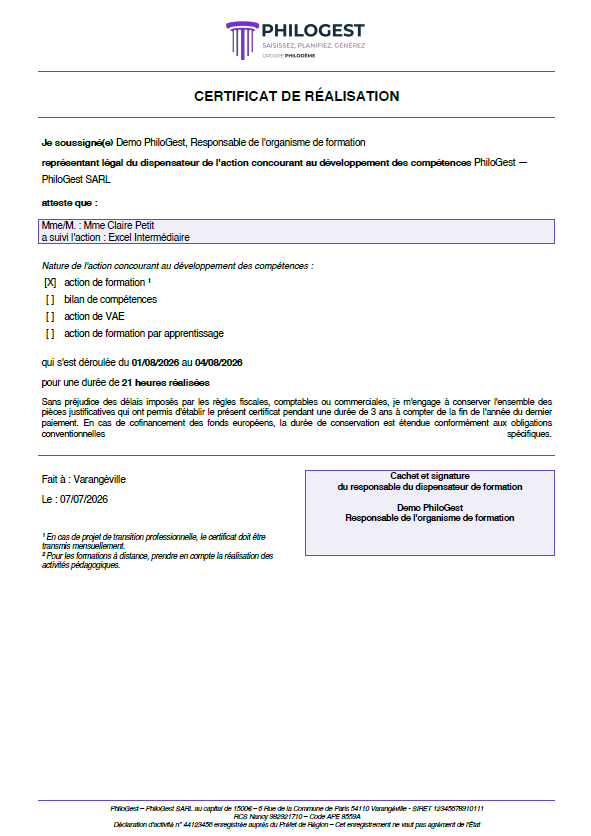 Certificat de réalisation généré par PhiloGest