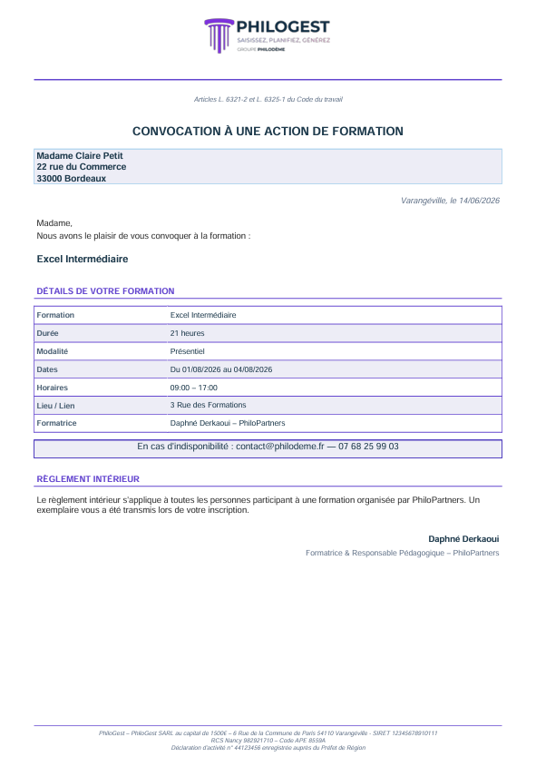 Convocation générée par PhiloGest