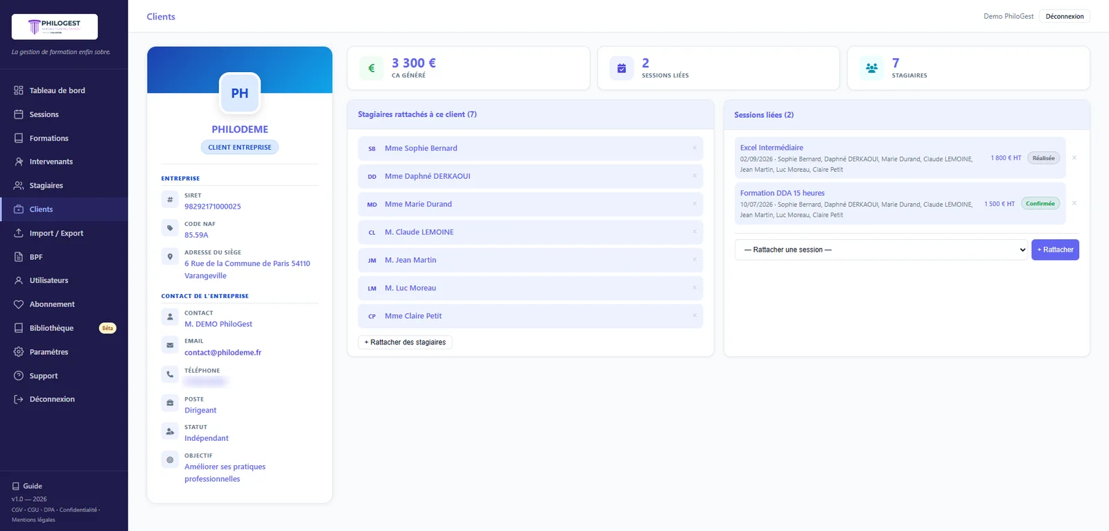 Capture de PhiloGest : clients, stagiaires et intervenants