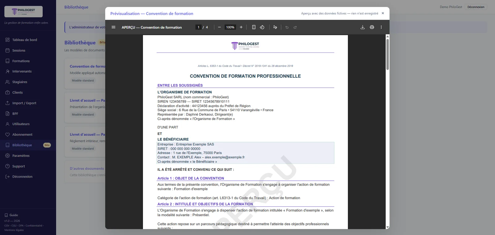 Capture de PhiloGest : documents administratifs