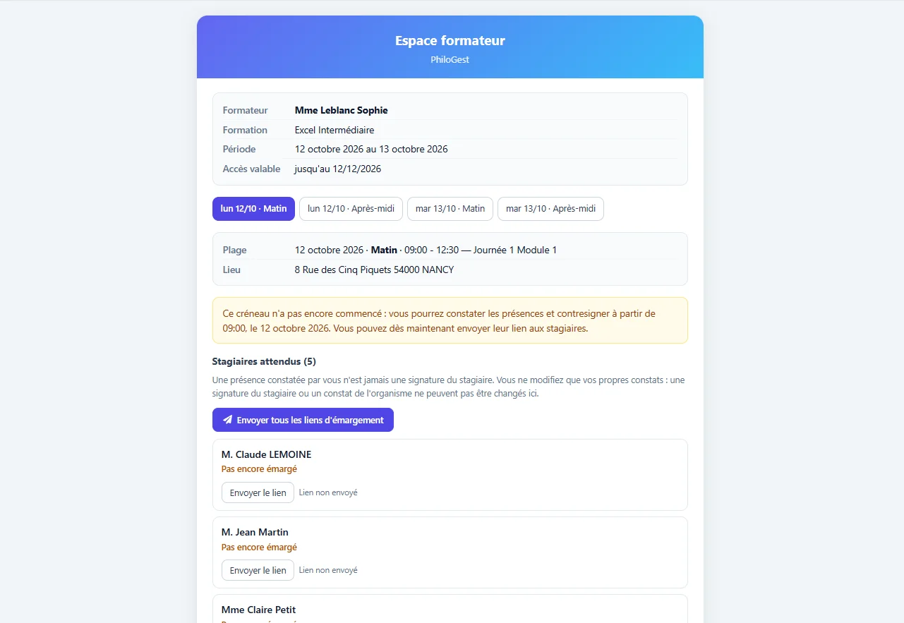 Capture de l’espace formateur PhiloGest : pointage des présences et contresignature