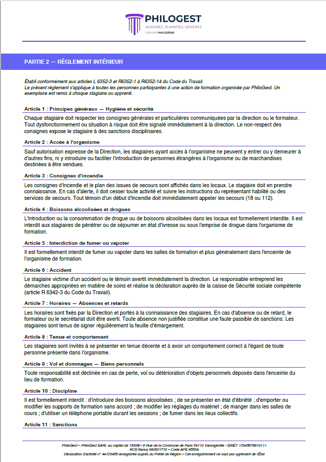 Livret d'accueil et règlement intérieur générés par PhiloGest